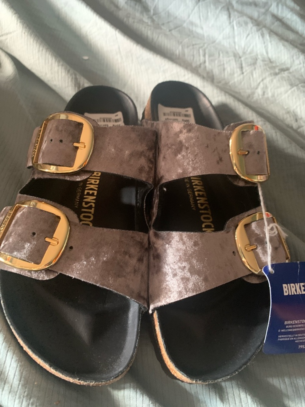 Birkenstock woman’s  Taupe Velvet Arizona Sandals with Big Gold Buckles